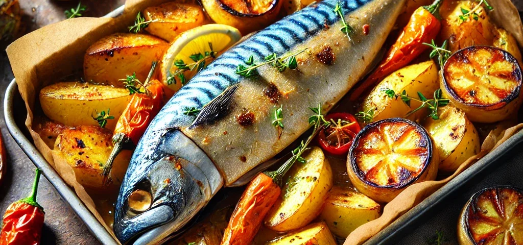 Macrou la cuptor cu legume