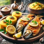 Păstrăv prăjit cu mujdei și mămăligă
